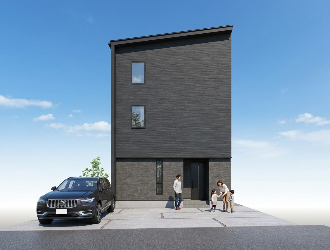 【外観完成イメージ（正面）】
＿洗練された黒の外観が印象的な、すっきりと美しい３階建ての住まい。

※掲載のCGパースは完成予想図です。実際の仕様・色味・仕上がりとは一部異なる場合があります。