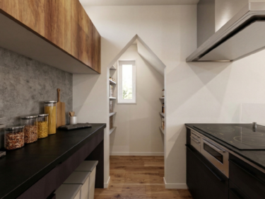 キッチン用品やストック品を収納できる大容量パントリー