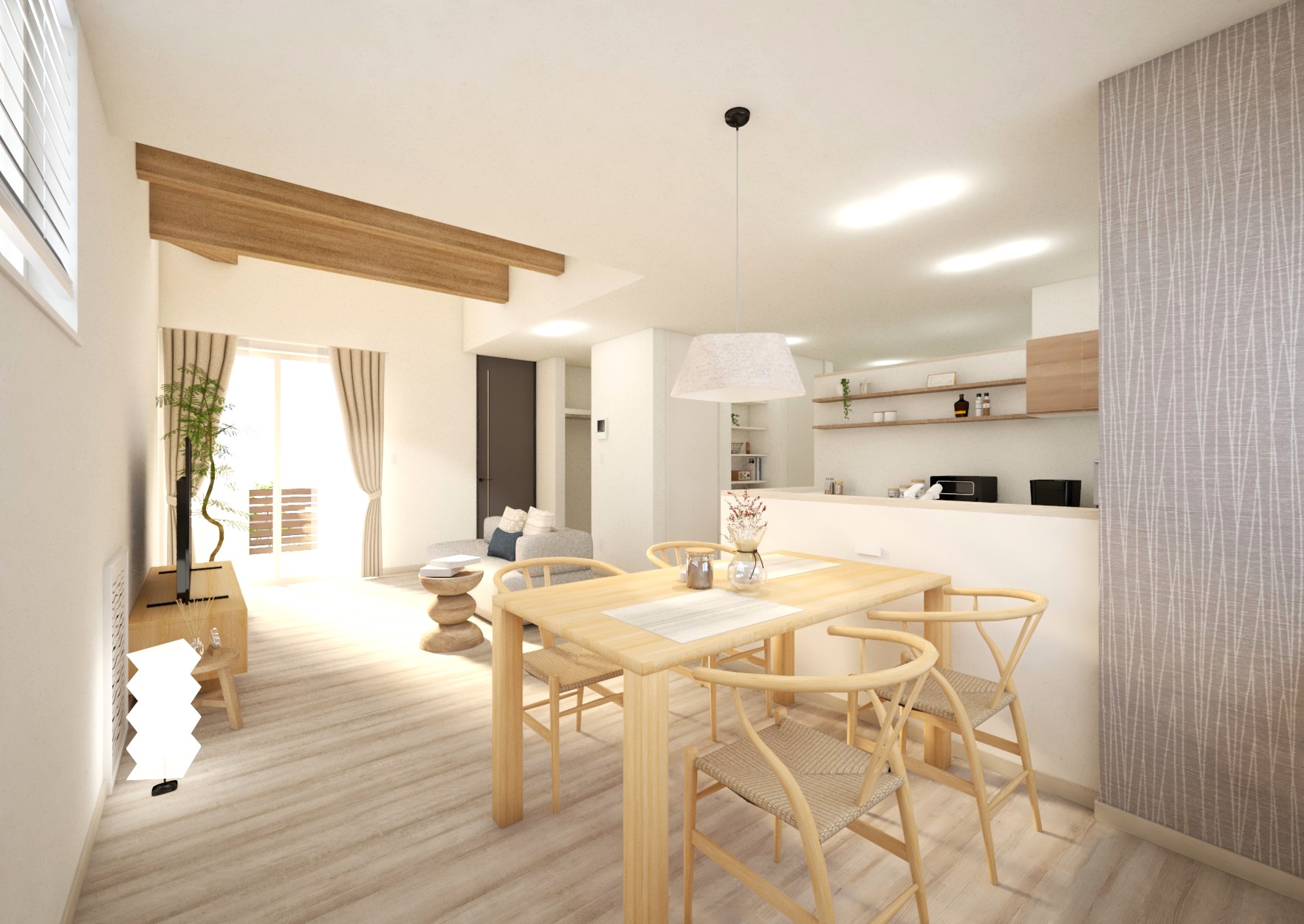 存在感のある梁がアクセントになり、空間をより高く、広く感じさせてくれます