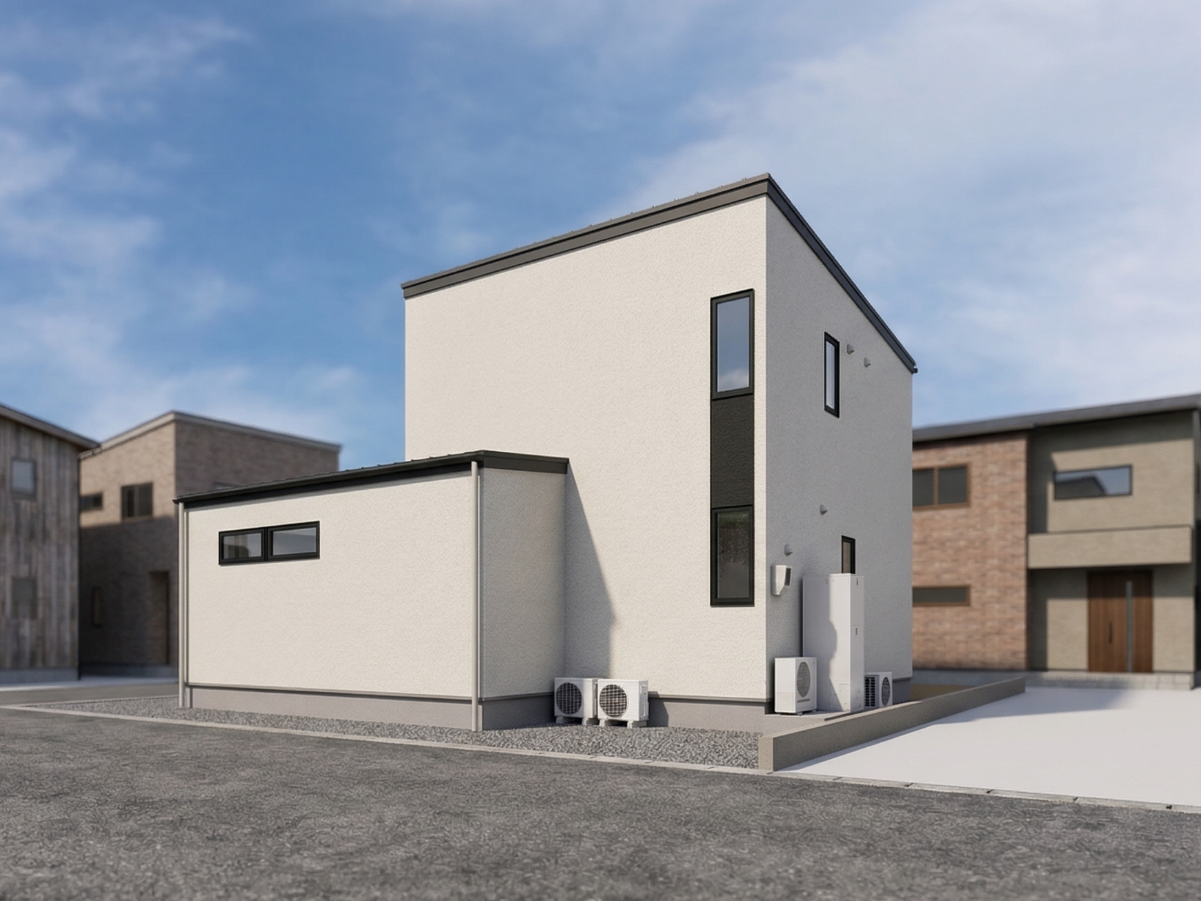 外観北側、外壁板金貼りによるアクセントデザイン。