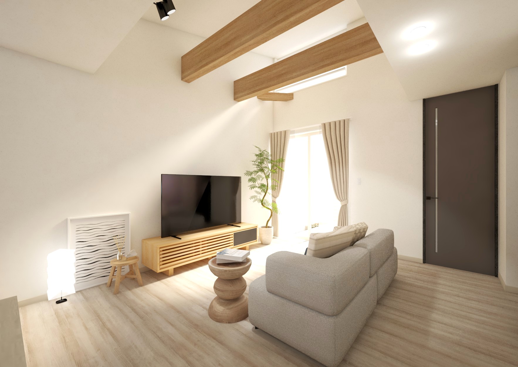 奥行きと開放感のある「勾配天井」仕様のリビング