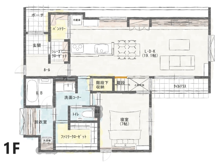 【1階寝室で半平屋生活の家】1F