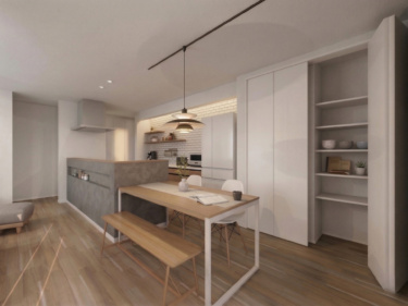 キッチン背面のオープンシェルフは、お気に入りの雑貨を飾って自分らしく空間を彩れるこだわりのポイント。