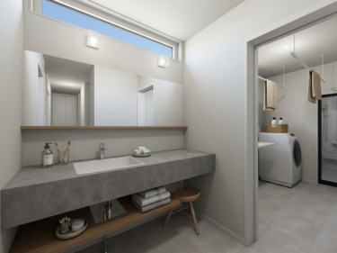 洗面スペースのすぐ横に脱衣室を配置することで、「脱ぐ・洗う・身支度」の動線を最短に。