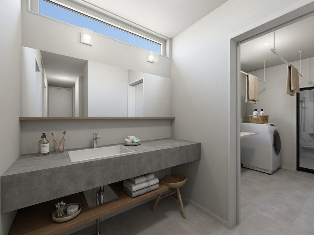 洗面スペースのすぐ横に脱衣室を配置することで、「脱ぐ・洗う・身支度」の動線を最短に。