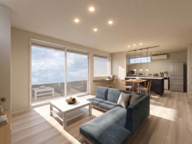 大きなテラス窓から光が差し込む開放的なＬＤＫ