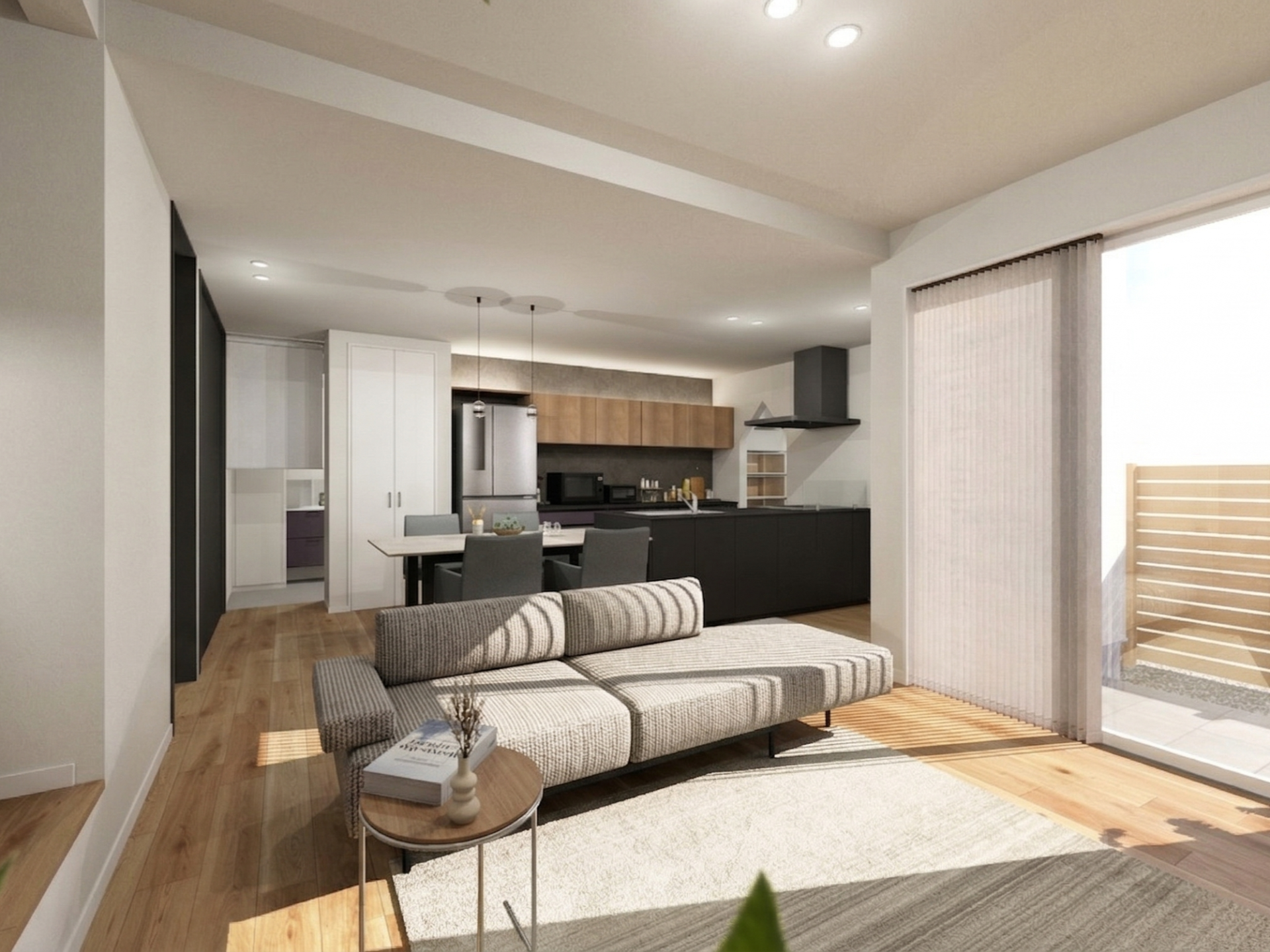 タイルデッキと繋がり、外の心地よさを室内に取り込むリビング