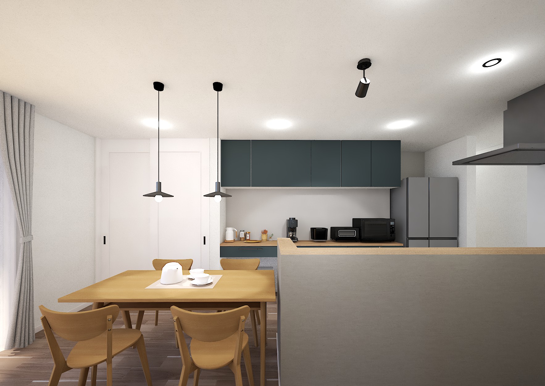 ネイビーのアクセントが映える、モダンなキッチン