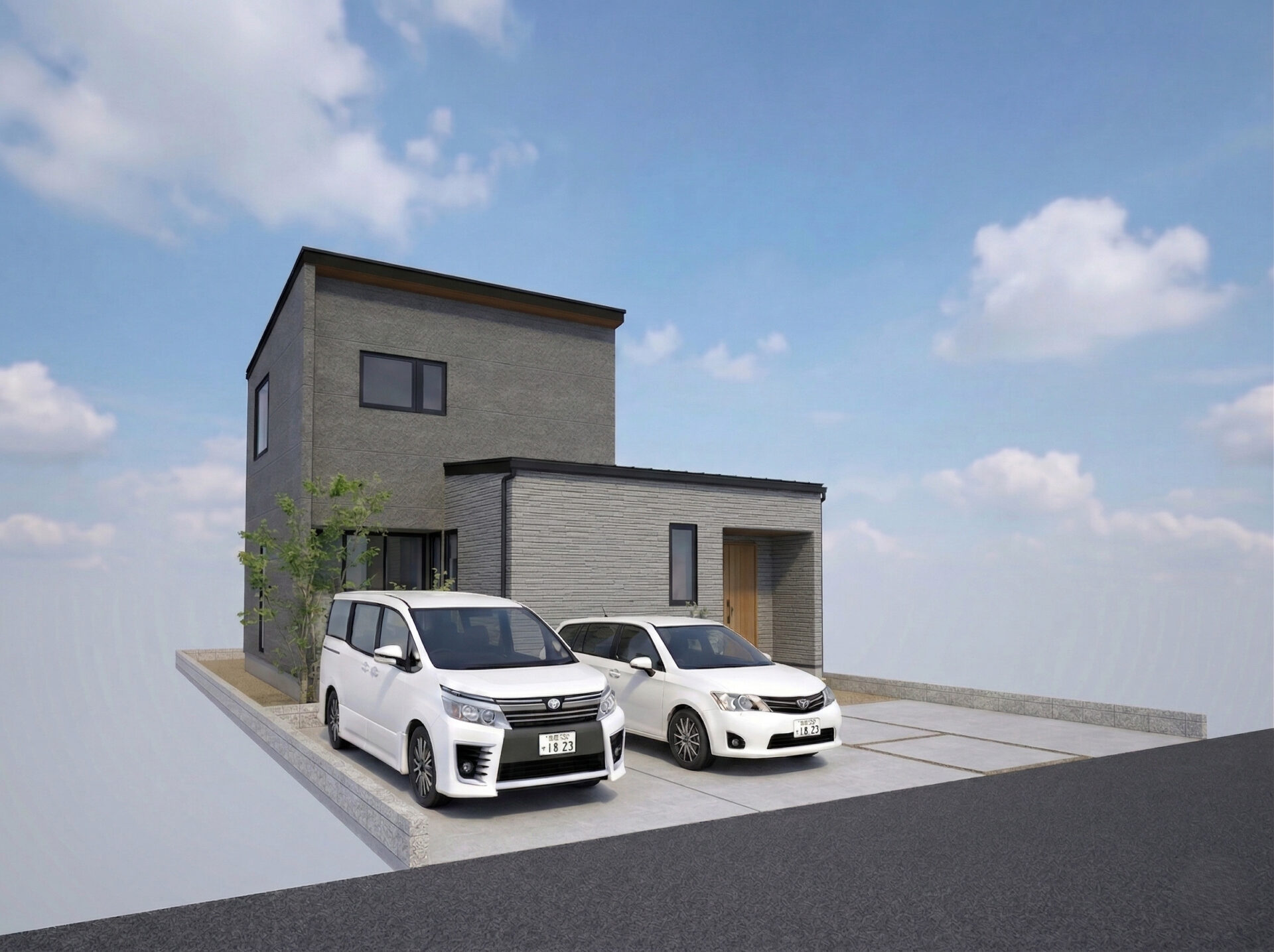 ２色のチタングレー外壁を組み合わせた、洗練された大人の外観デザイン。