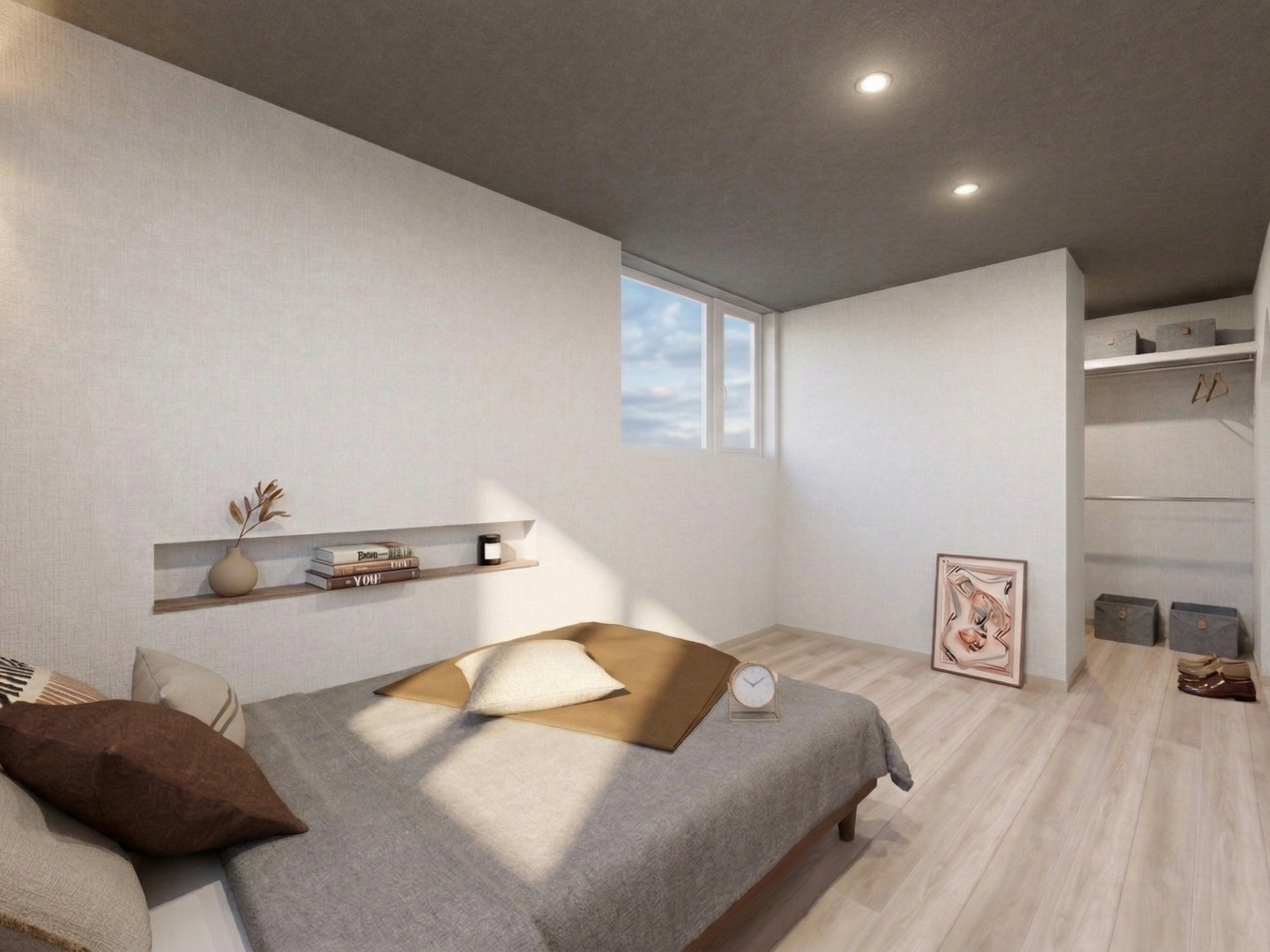 枕元のニッチは、お気に入りの本や小物を飾るギャラリーとしても活用できます