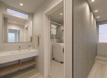 【内観イメージ（洗面コーナー・ランドリー）】
アシンメトリーなタイル貼りが映える造作洗面台