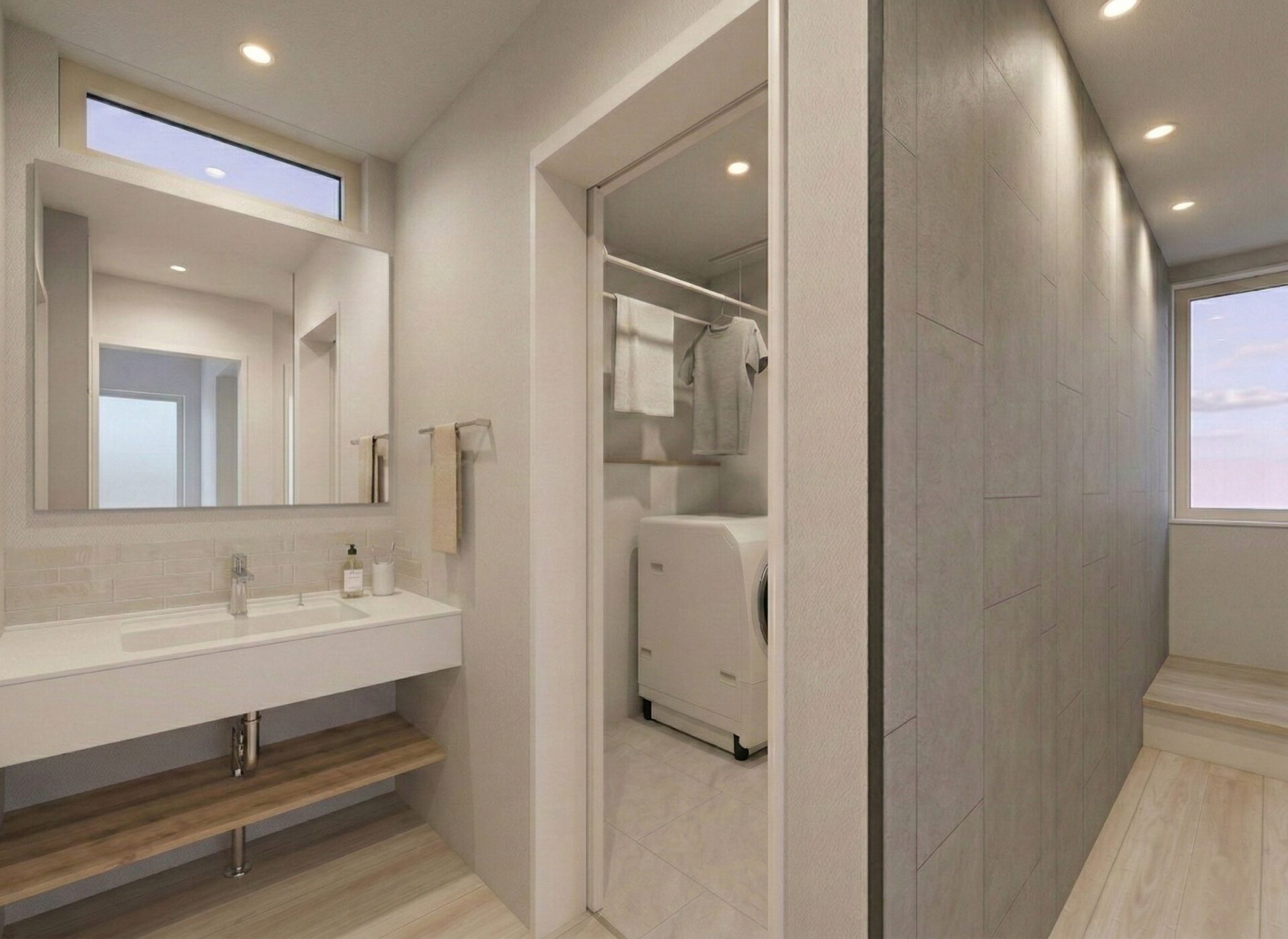 【内観イメージ（洗面コーナー・ランドリー）】
アシンメトリーなタイル貼りが映える造作洗面台