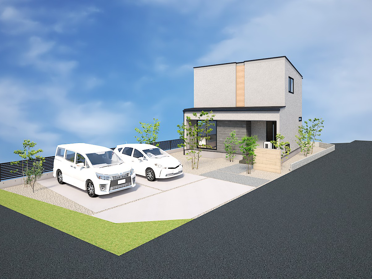 モダンでナチュラルな外壁デザインを採用。駐車スペースも2台。