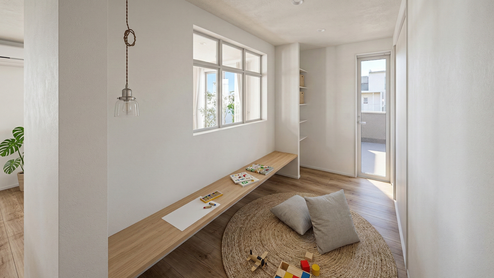 リビングと緩やかに仕切る室内窓がデザインのアクセントになり、家族との繋がりを感じます