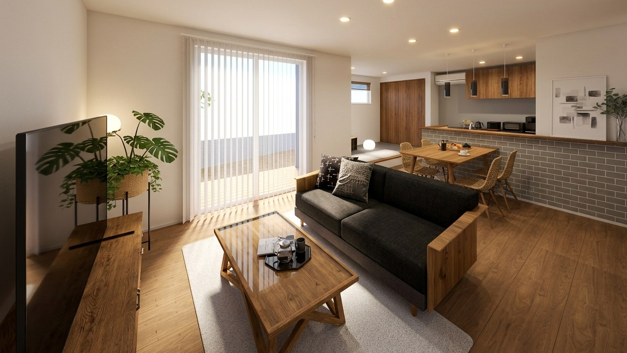 ダークブラウンの木目とブラックの家具が空間を引き締め、大人な落ち着きを演出