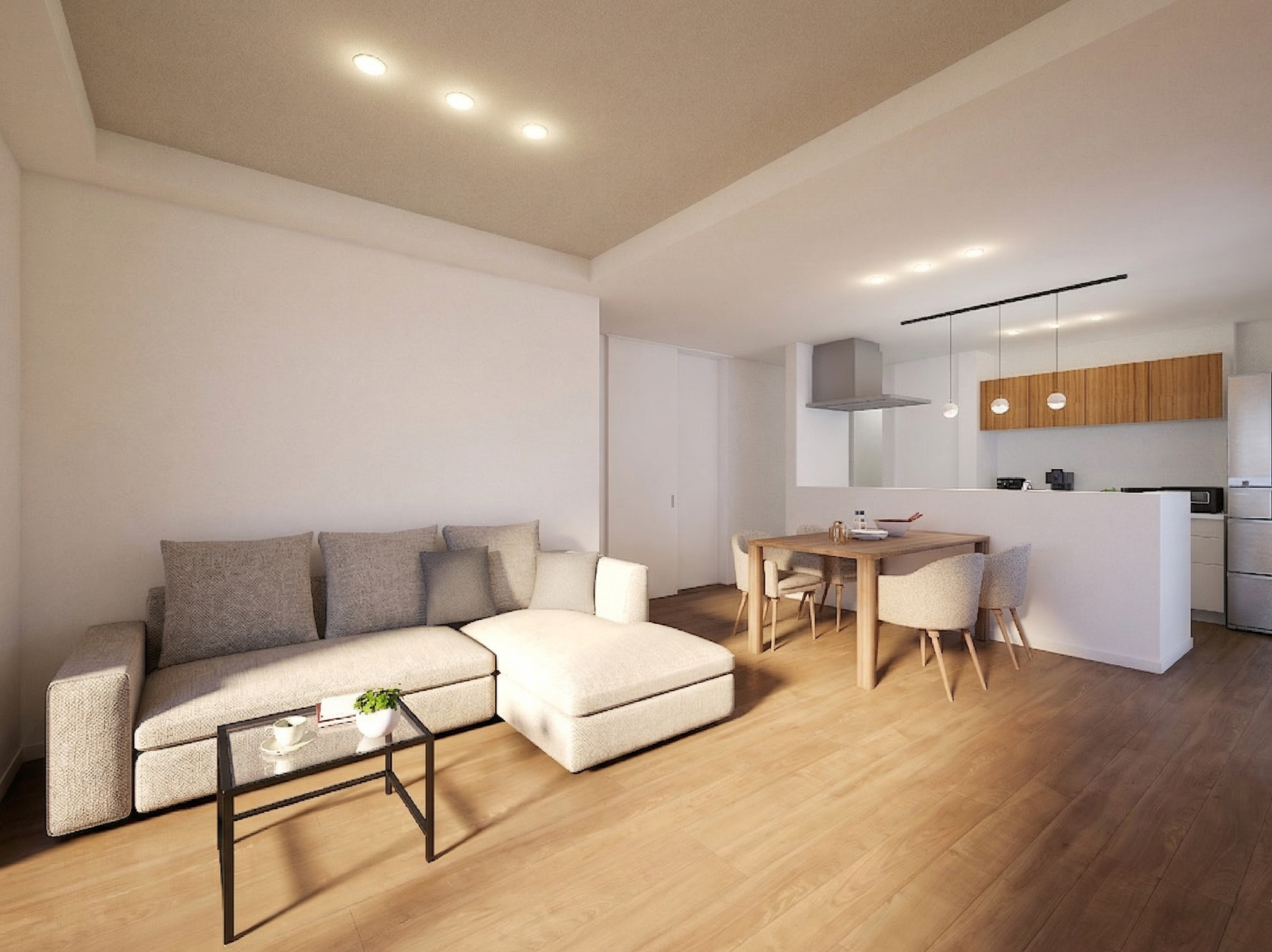 リビングからダイニング、キッチンまでフラットにつながる大空間