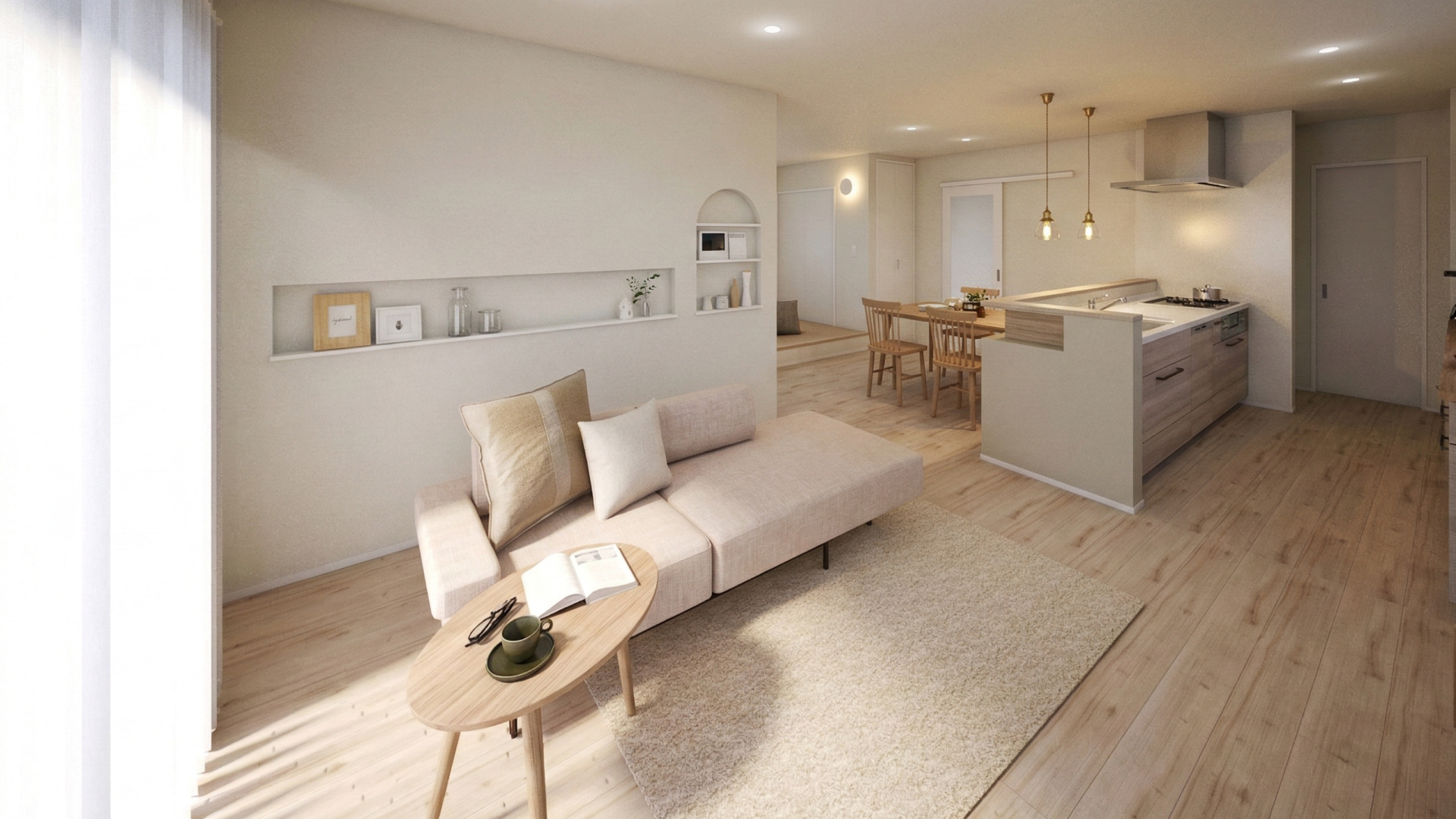 壁面のニッチやアーチ型の飾り棚が、お気に入りの雑貨を飾るギャラリーのような空間