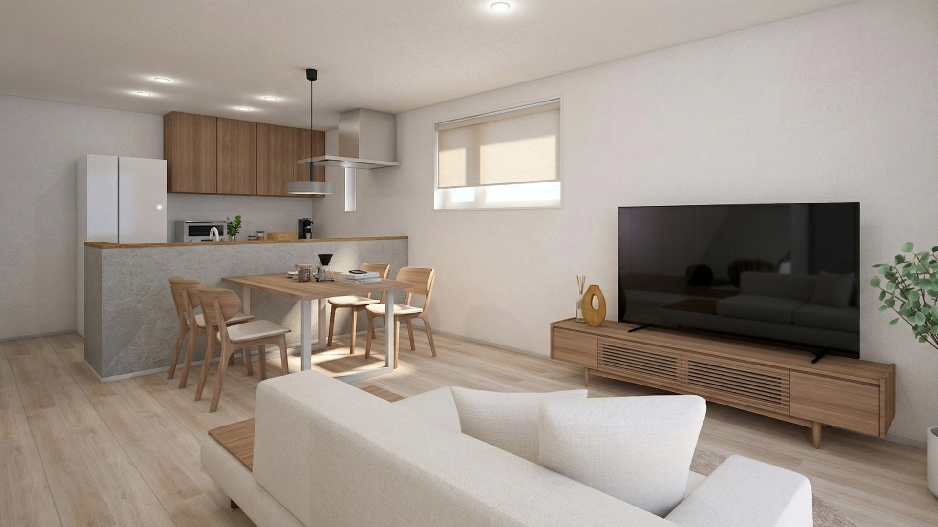 白で統一された内装が、リビング全体をより明るくします