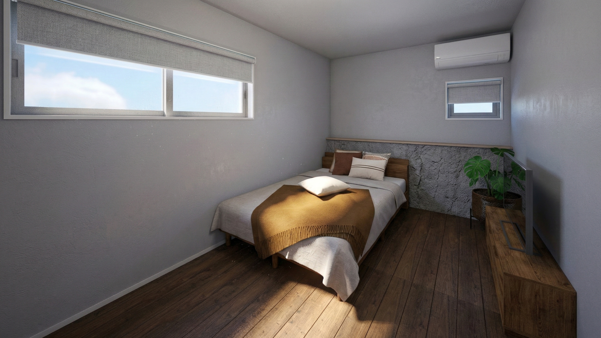 ベッド背面のカウンターは、お気に入りの小物を置くのに便利な、計算された寝室空間