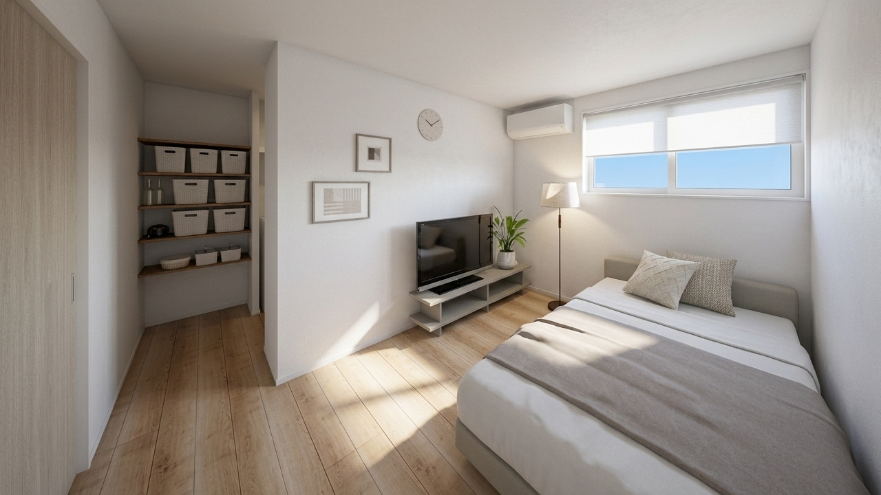 壁一面のオープン収納を備えつつ、ゆとりある広さを確保