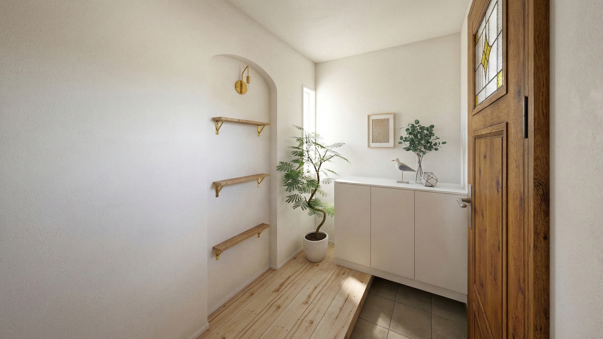 アーチ壁とニッチが迎える、可憐な玄関ホール