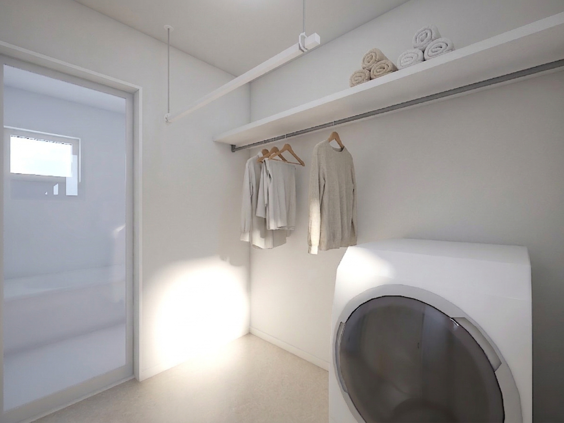 脱衣室を兼ねたゆとりのランドリールームが、毎日の洗濯負担を軽減します