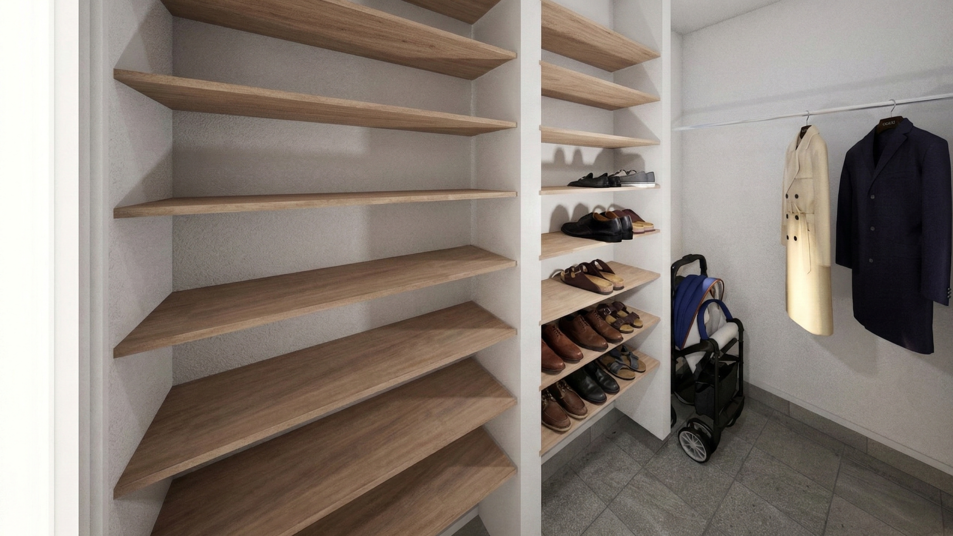 家族全員の靴はもちろん、ベビーカーやコートもそのまま収納できる大容量のスペース