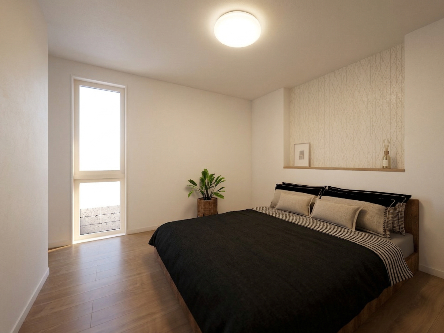 窓から差し込む光が心地よい寝室。ベッドヘッド側の飾り棚には、お気に入りの小物を並べられます