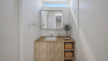 木目のカウンターと白いボウルを組み合わせたクリーンなデザインが、朝の時間を爽やかに彩ります