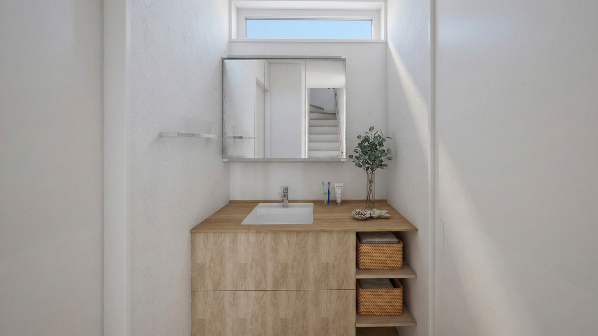 木目のカウンターと白いボウルを組み合わせたクリーンなデザインが、朝の時間を爽やかに彩ります