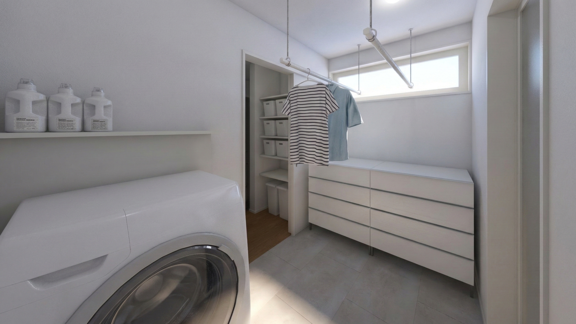 洗濯機の隣に十分な収納棚を設け、洗濯から乾燥、収納までの動線を最小限に抑えます