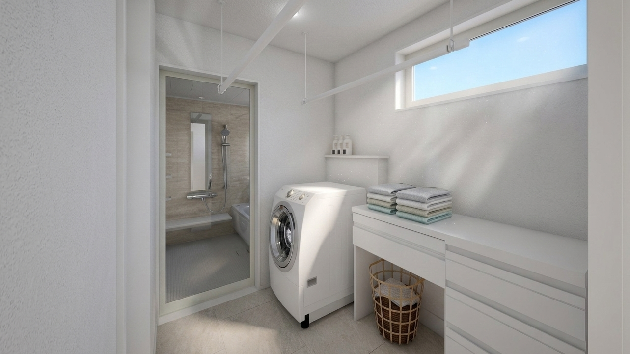 室内物干しを備えた広々としたサンルーム仕様で、天候や時間を気にせずお洗濯がスムーズに捗ります