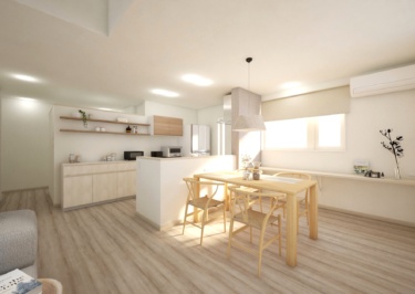 キッチン背面にはお気に入りの小物を飾れるオープンシェルフを設け、自分らしい空間づくりを楽しめます