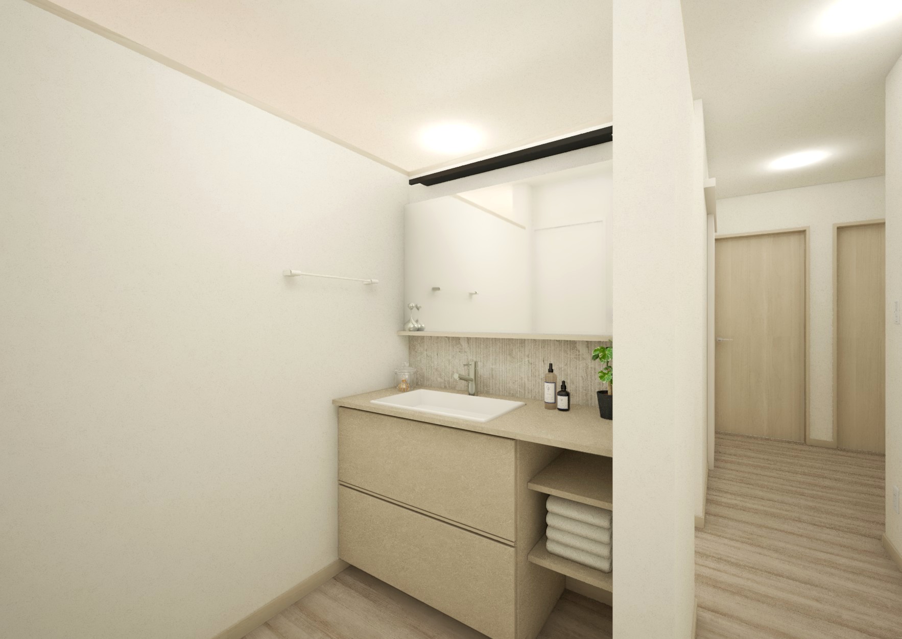 アイカ工業製のステキな造作洗面台を採用