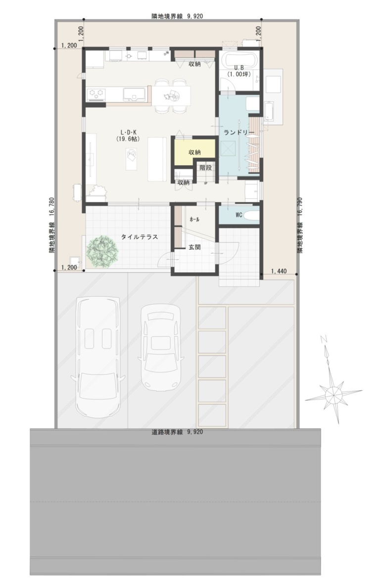 配置図。50坪の敷地に駐車台数3台確保。