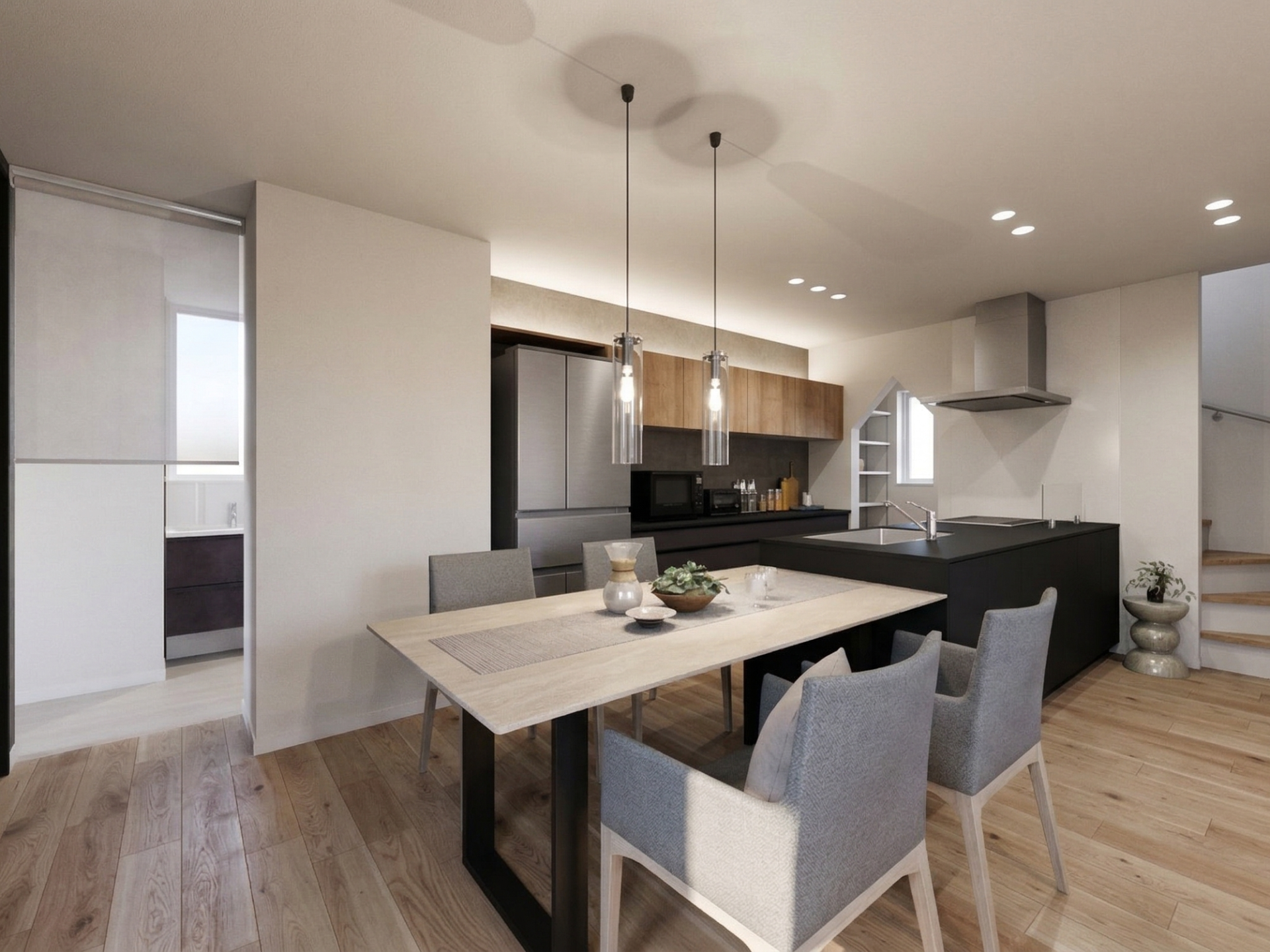 LDKに溶け込む、開放感のあるフルフラットキッチン