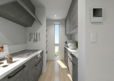 ■内観イメージ（キッチン・食器棚）
左奥には使い勝手の良いオープンパントリーを完備。