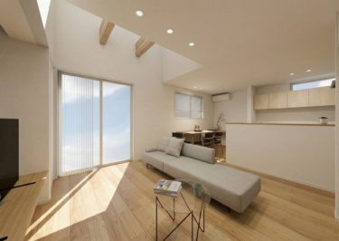 吹抜けと梁あらわしを施した開放感あるLDK①