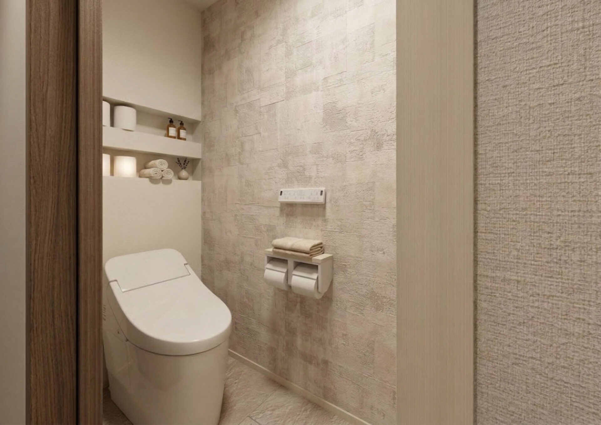 ■内観イメージ（１Ｆトイレ／タンクレスタイプ）

トイレットペーパー用のサイズに合わせてニッチ収納を造作。