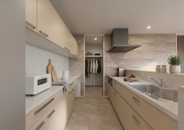 ■内観イメージ（キッチン・食器棚）

キッチン奥の部屋はファミリークローゼットです。家事ラク動線で繋がっているので使い勝手◎