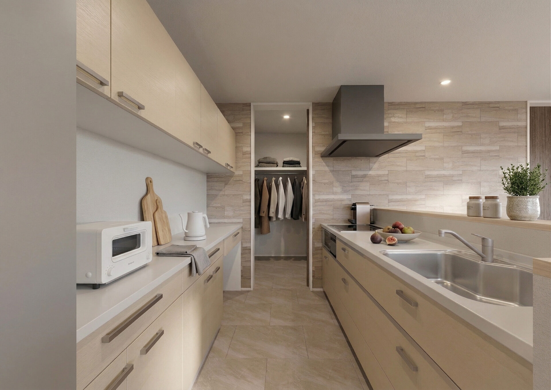 ■内観イメージ（キッチン・食器棚）

キッチン奥の部屋はファミリークローゼットです。家事ラク動線で繋がっているので使い勝手◎