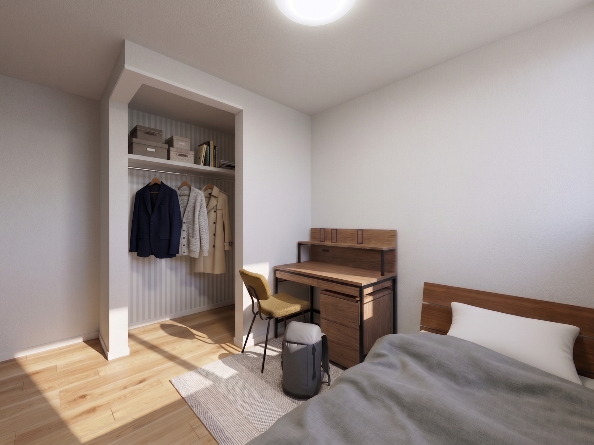 仕切りのないオープンクローゼットが、お部屋を実際の面積以上に広々と見せてくれます