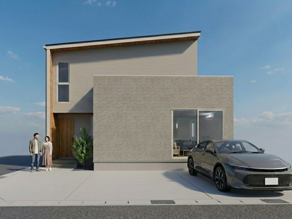 玄関周りの木目調アクセントが温かみを添え、広々とした駐車スペース