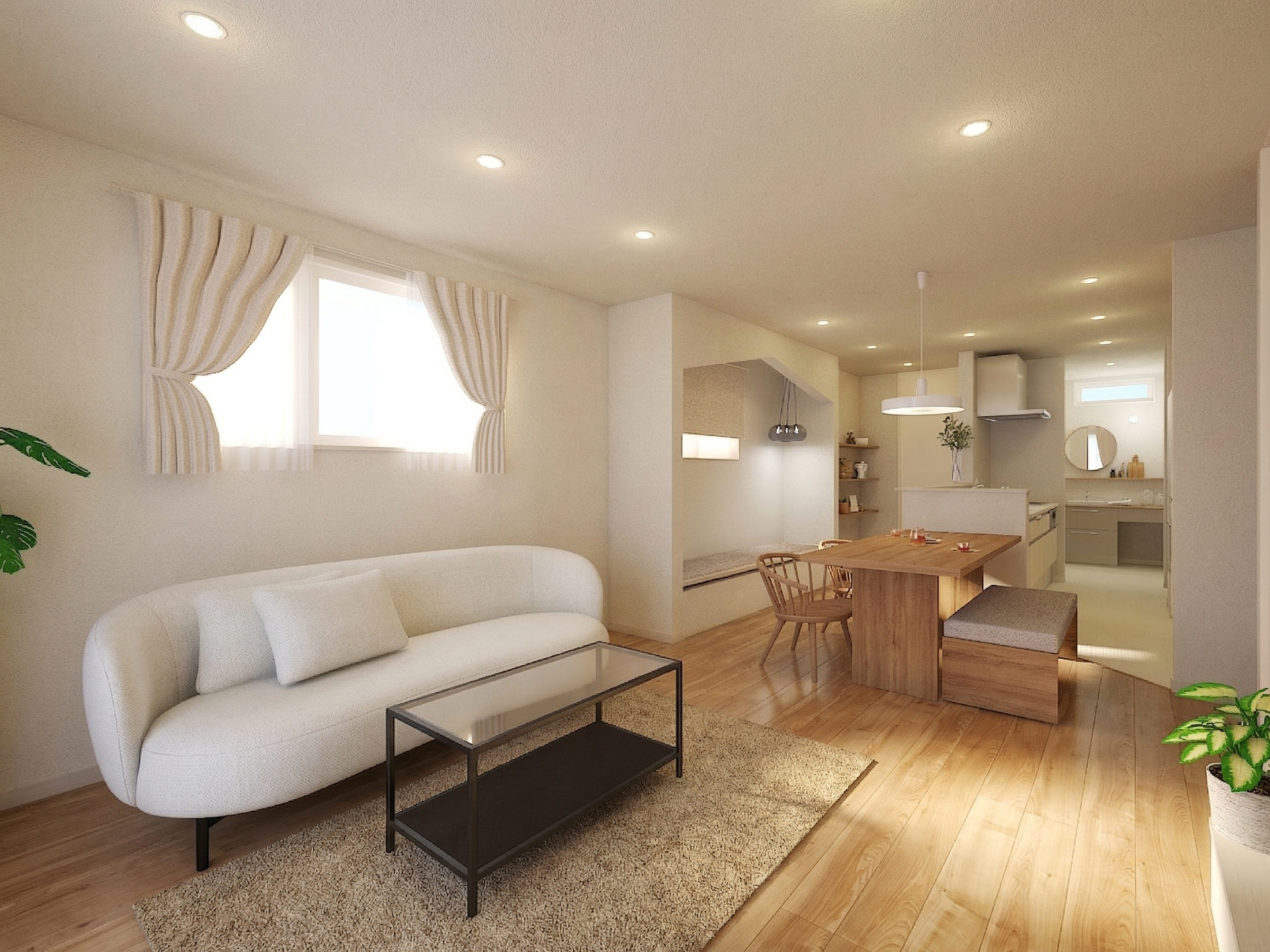 キッチンから全体を見渡せる開放的なレイアウトで、どこにいても家族の気配を感じられる安心のデザイン