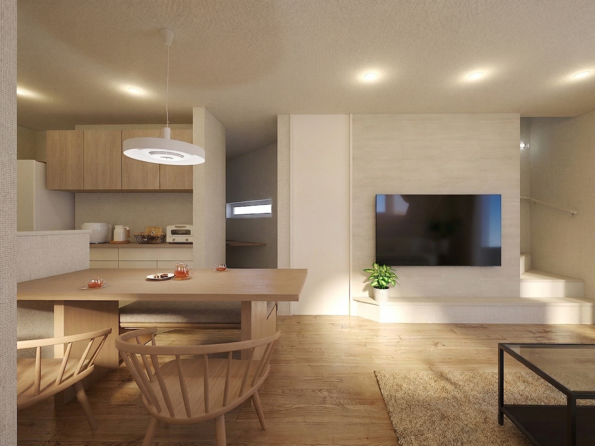 食事や団らんの場所と、集中できるワークスペースを緩やかに繋ぐことで、暮らしに奥行きをもたらします