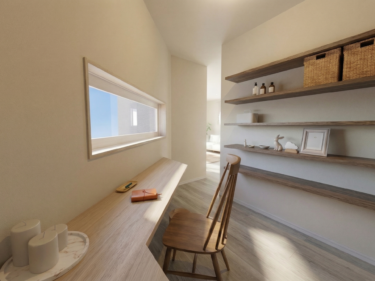 デッドスペースを活かしつつ、リビングからの光も感じられる、心地よいユーティリティスペース