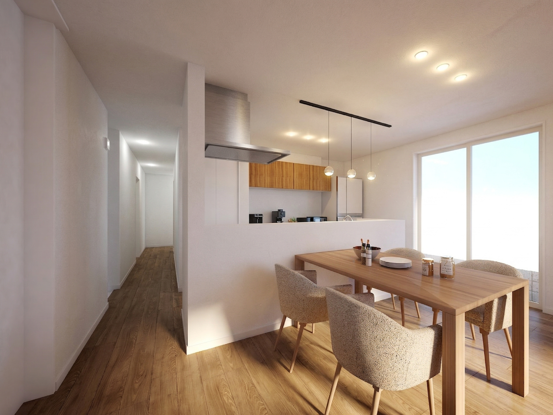 空間にアクセントを添えるペンダントライトと、木の温もり