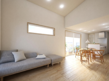 リビング部分の天井高を上げることで、実際の面積以上の広がりを感じさせるＬＤＫ