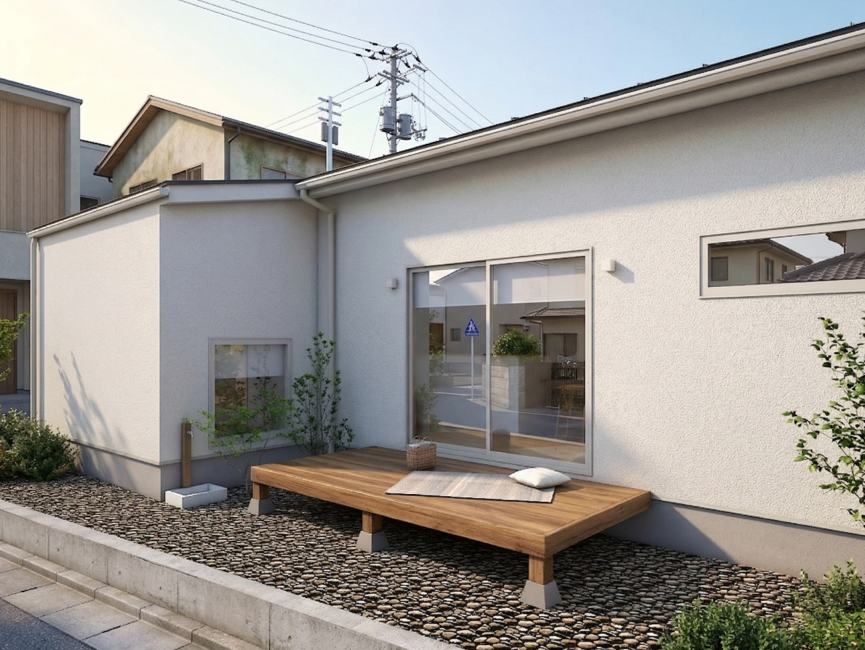 リビングからフラットに続くウッドデッキは、天気の良い日に読書をしたり、お茶を楽しんだりするセカンドリビング