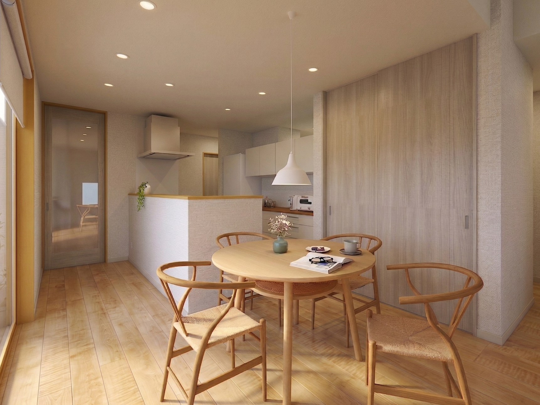 手元を隠せる腰壁付きのキッチンは、リビング側から見た時の「美しさ」と「使い勝手」を両立